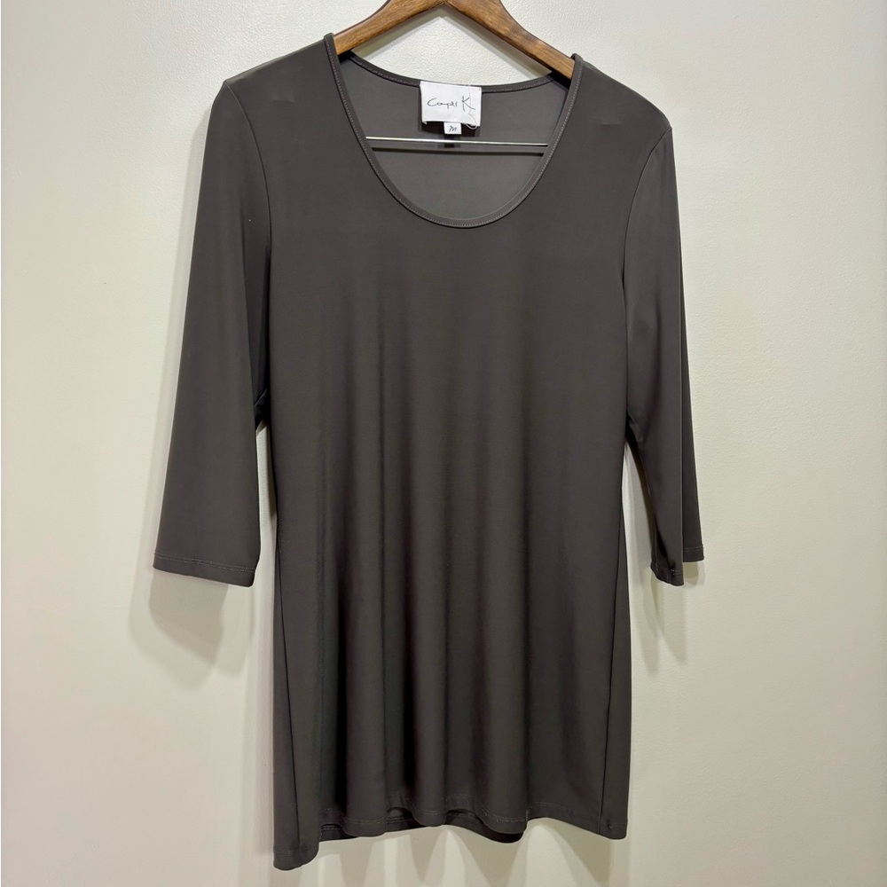 Compli K Oversized Soft Stretchy 3/4 Sleeve Scoop Neck Long Tunic Shirt Top Grey